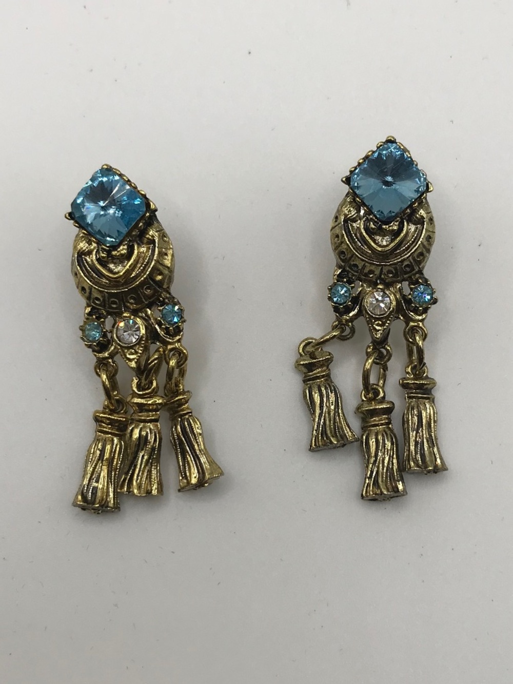 Vintage Blue Rhinestone Tassel Earrings